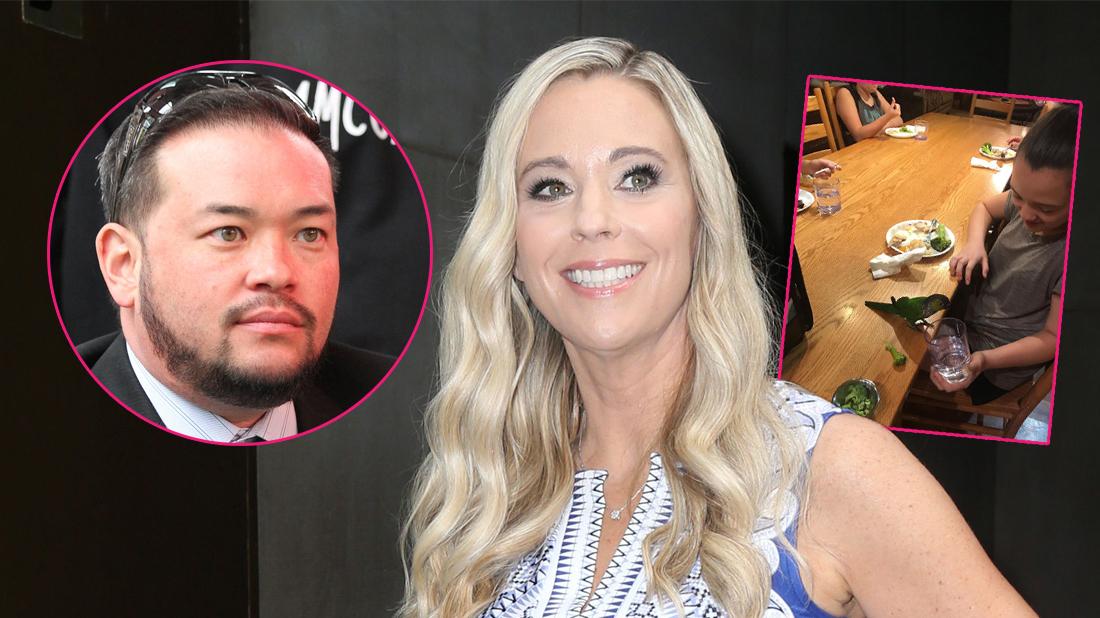 Main, Kate Gosselin in a blue dress. Inset, Jon Gosseling and a photo from Kate Gosselin's Instagram of her children at dinner.