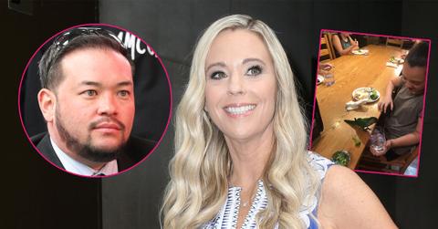 Main, Kate Gosselin in a blue dress. Inset, Jon Gosseling and a photo from Kate Gosselin's Instagram of her children at dinner.