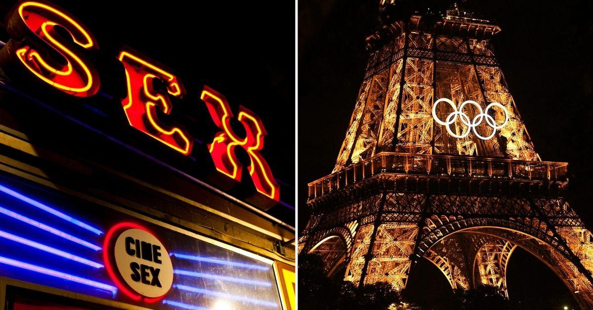 Composite photo of sex shop and Eiffel Tower lit up for Paris Olympics