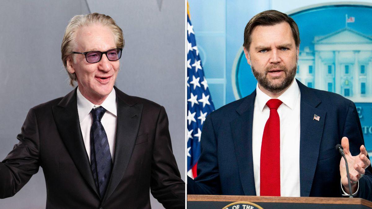 A photo of Bill Maher alongside a photo of JD Vance