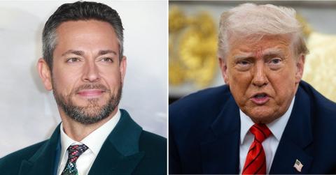 Split photo of Zachary Levi, Donald Trump