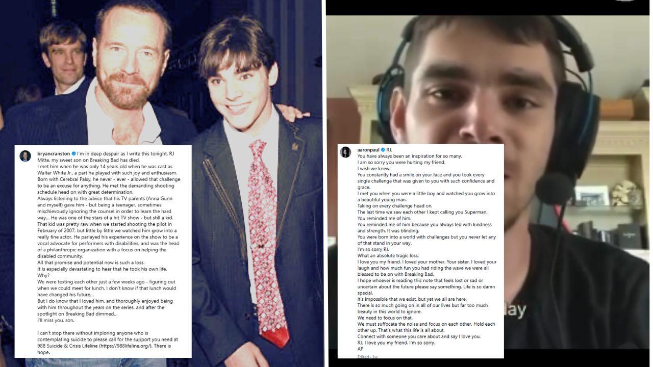 Split photos of Aaro Paul and Bryan Cranston post tribute for RJ Mitte