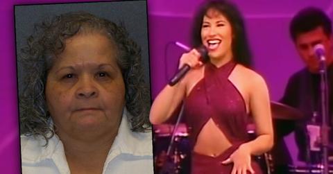 Inset Mugshot of Yolanda Saldivar, Selena Quintanilla Performing in Purple