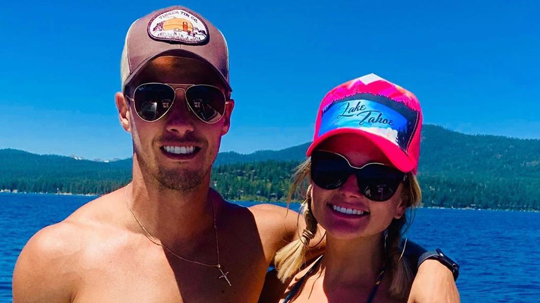 Brendan McLoughlin and Miranda Lambert wear caps while at Lake Tahoe