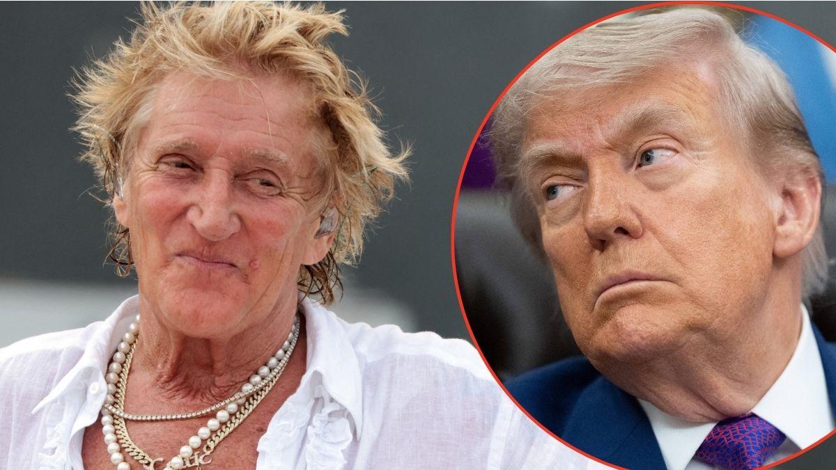 Split photos of Rod Stewart and Donald Trump
