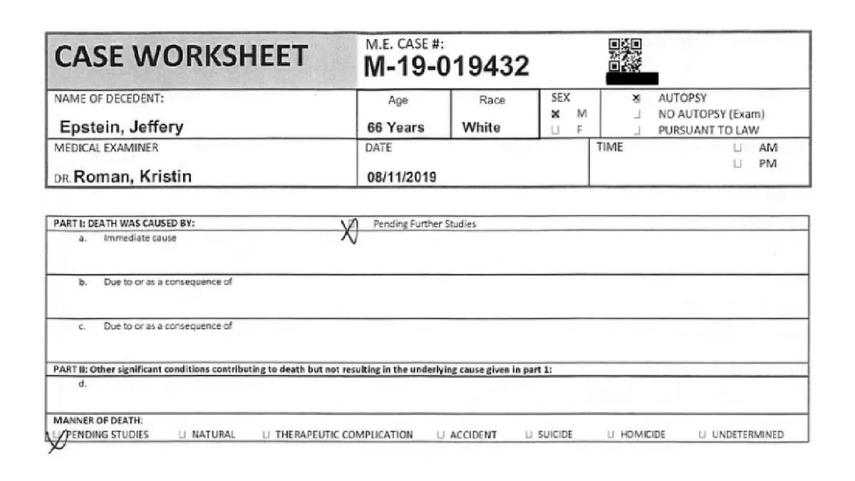 Dr. Kristin Roman had checked the 'pending further studies' box on Epstein's autopsy report.