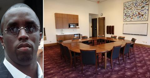 split photo of Sean Combs and jury room.