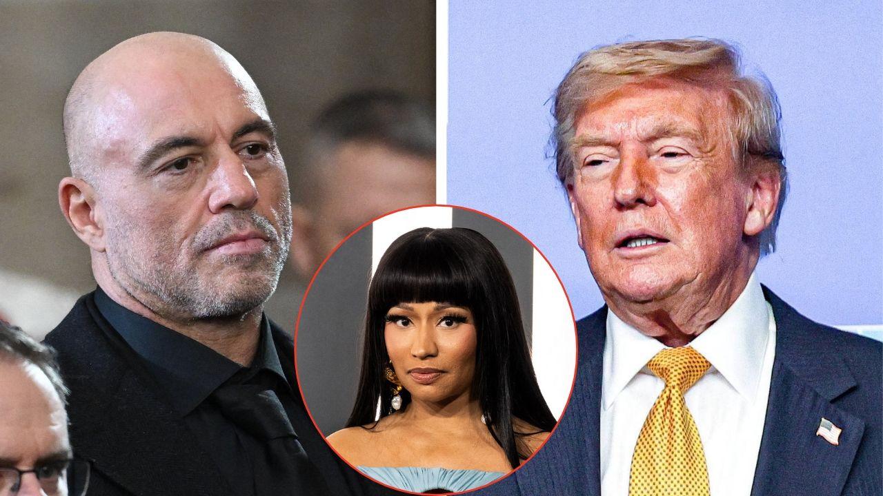 Split image of Joe Rogan, Nicki Minaj, and Donald Trump