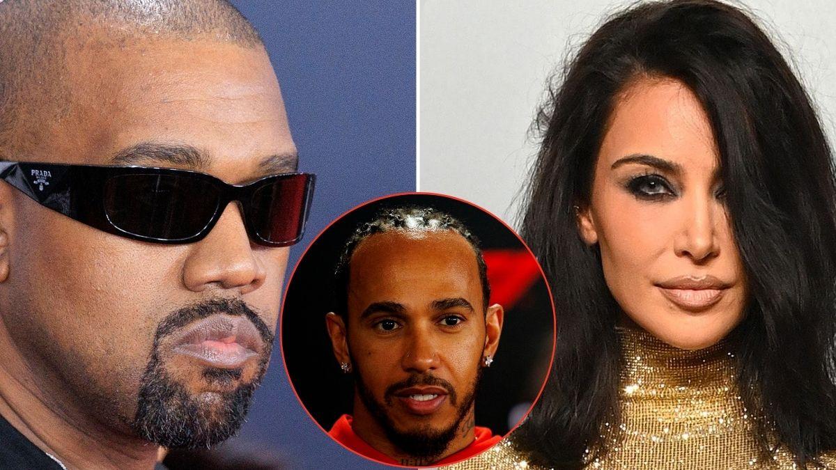 picture of Kanye West, Lewis Hamilton and Kim Kardashian