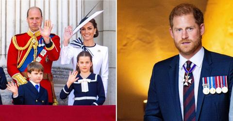 (left image) Prince William with Kate Middleton and children; (right) Prince Harry
