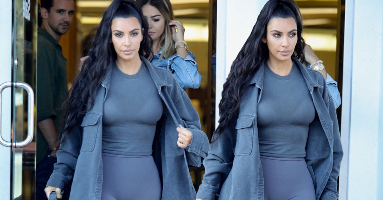 Kim Kardashian Goes Shopping In Tight Grey Spandex