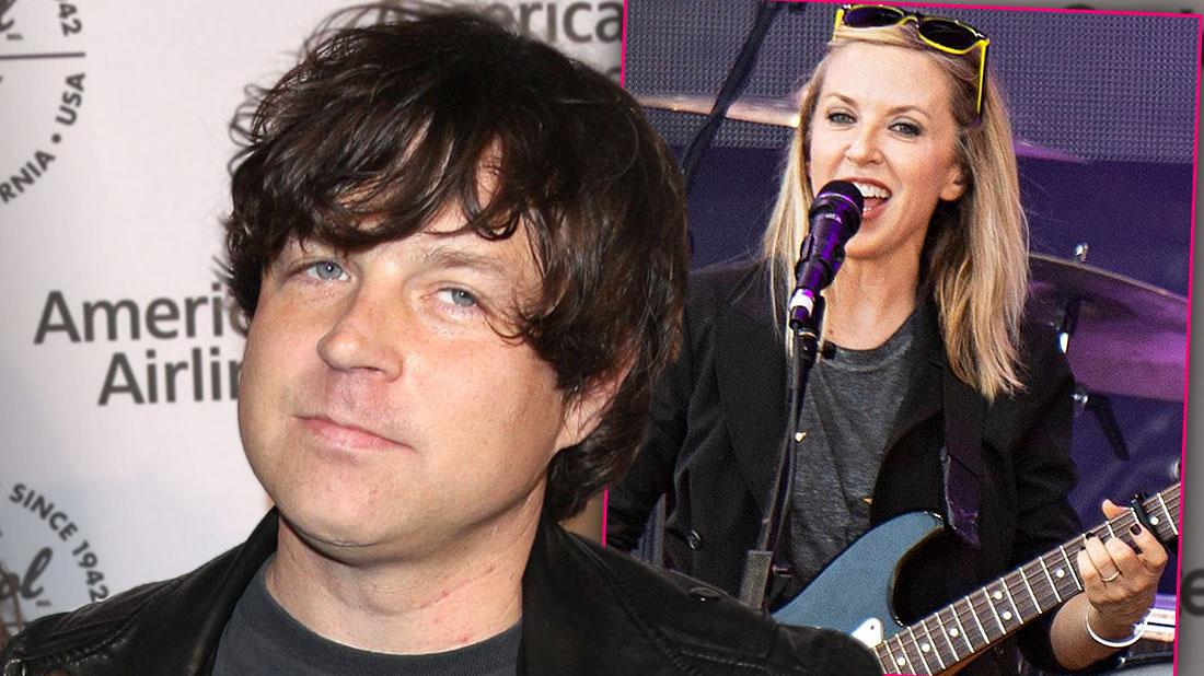 Ryan Adams Wearing Black Leather Motorcycle Jacket and Black T-shirt, Inset Liz Phair Performing with Guitar Wearing Black Blazer and Gray T-shirt