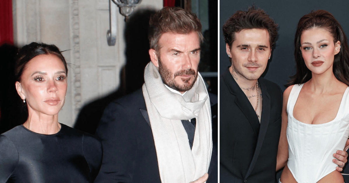 Split photo of Victoria and David Beckham, Brooklyn Beckham and Nicola Peltz
