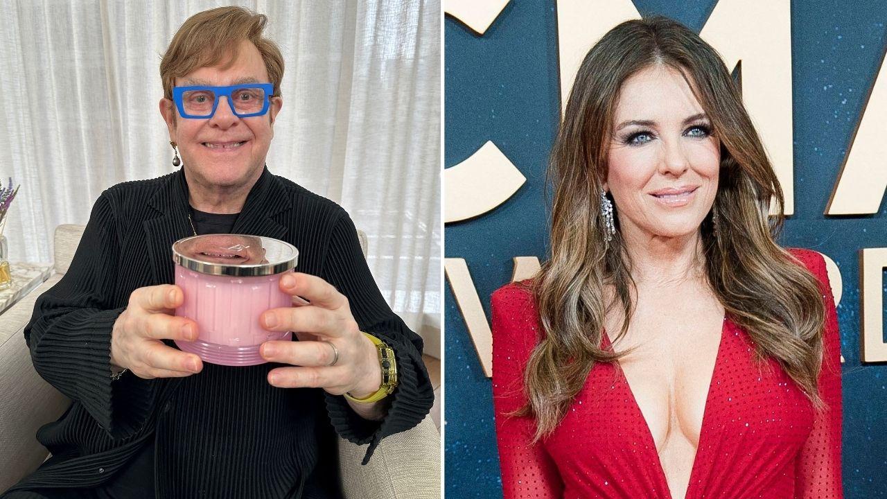 Split photo of Elton John and Elizabeth Hurley