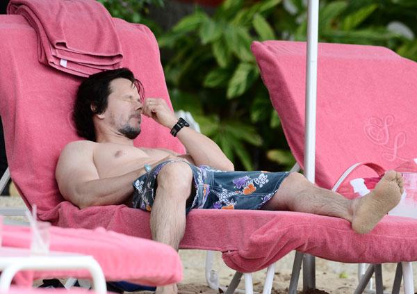 //Mark Wahlberg and his wife Rhea Durham seen on sandylane beach in Barbados