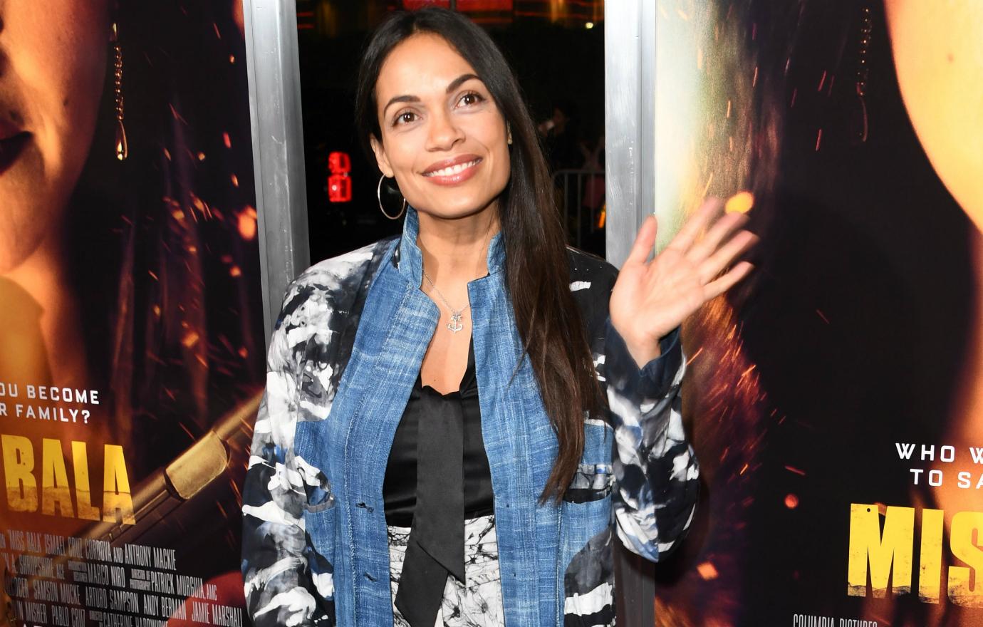 Full frontal nudity veteran Rosario Dawson appeared in a denim duster at the premiere of Miss Bala.