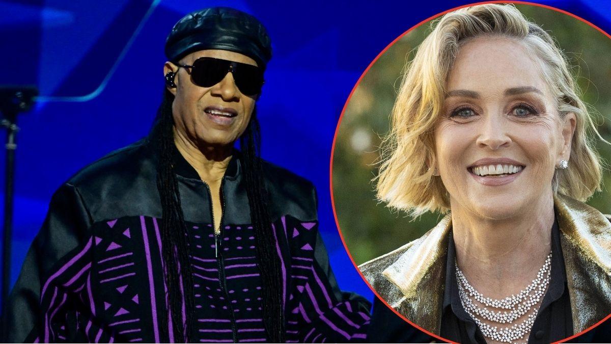 Split photo of Stevie Wonder and Sharon Stone