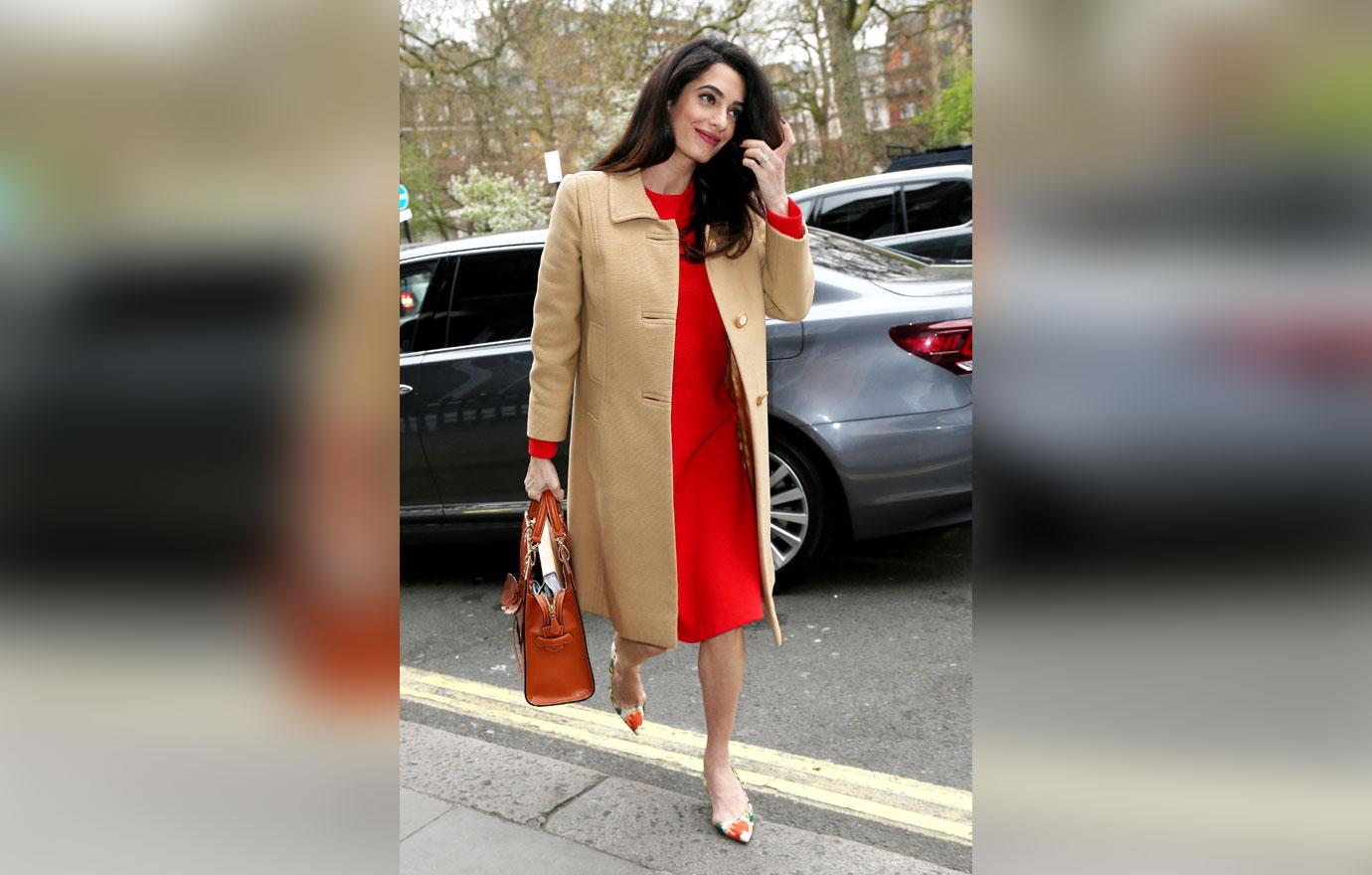 //amal clooney pregnant baby bump red dress photos