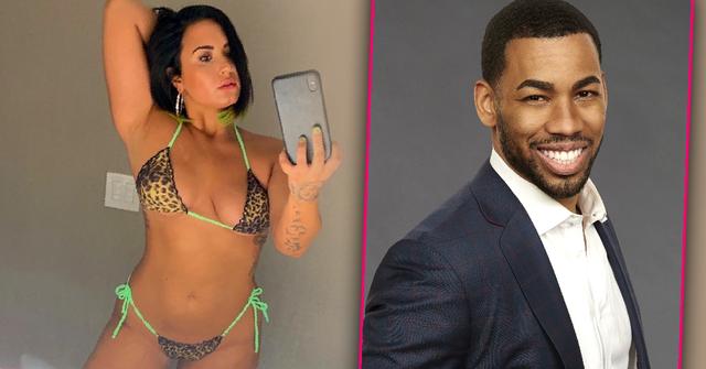 Demi Lovato in a leopard print bikini. Inset, Mike Johnson.