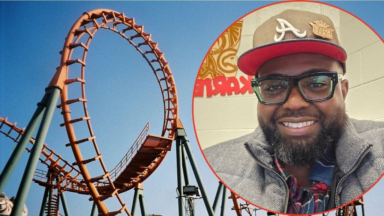 Split image of roller coaster and Hassan Jihad Ibn Kariem
