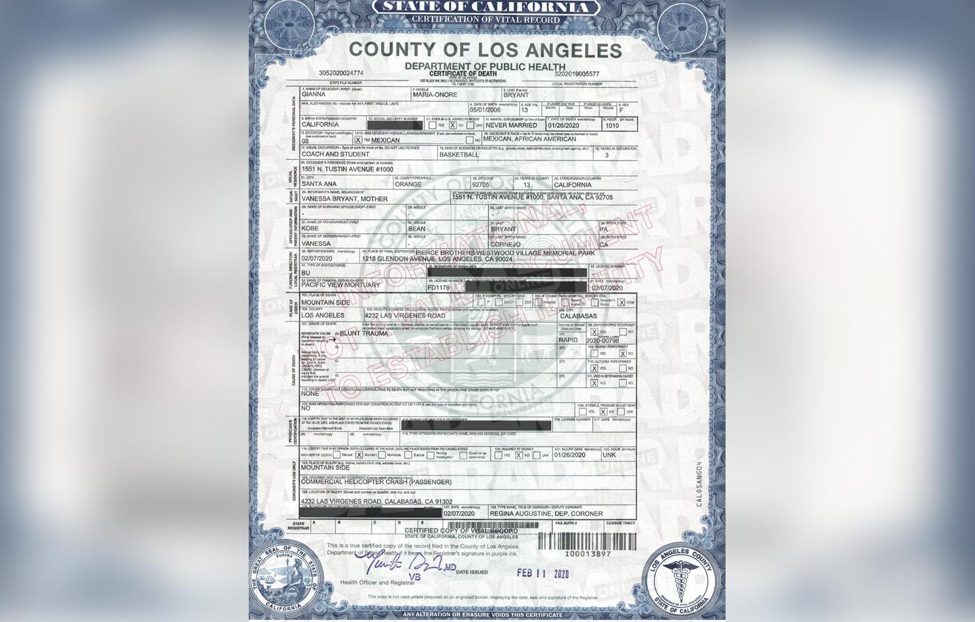 Kobe Bryant Death Certificate Released Post-Helicopter Crash