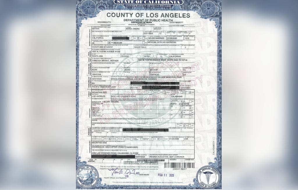 Kobe Bryant Death Certificate Released PostHelicopter Crash