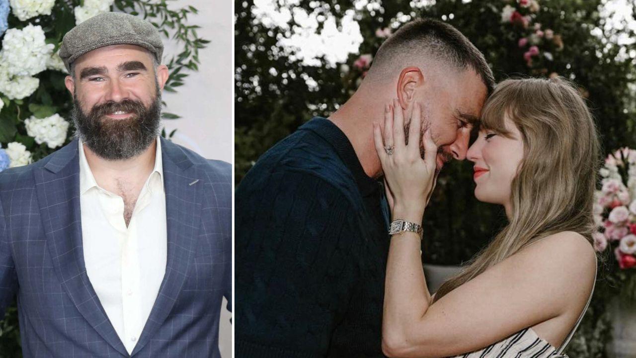 split image of Jason Kelce/ Travis Kelce and Taylor Swift