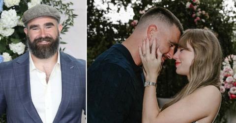 split image of Jason Kelce/ Travis Kelce and Taylor Swift