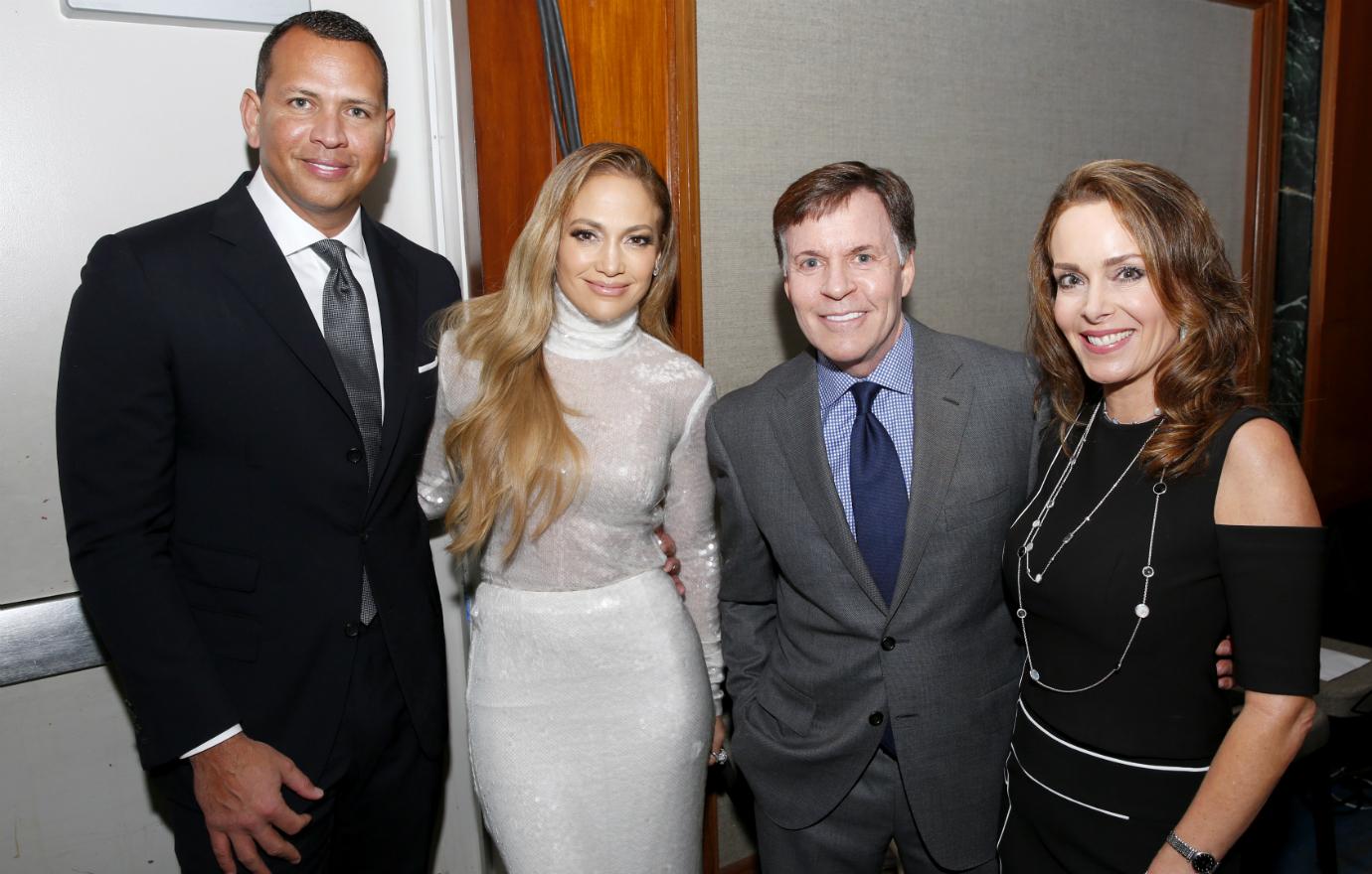 Alex Rodriguez, Jennifer Lopez, Bob Costas, and Jill Sutton attend the 33rd Annual Great Sports Legends Dinner, which raised millions of dollars for the Buoniconti Fund to Cure Paralysis at The New York Hilton Midtown on September 24, 2018 in New York City.