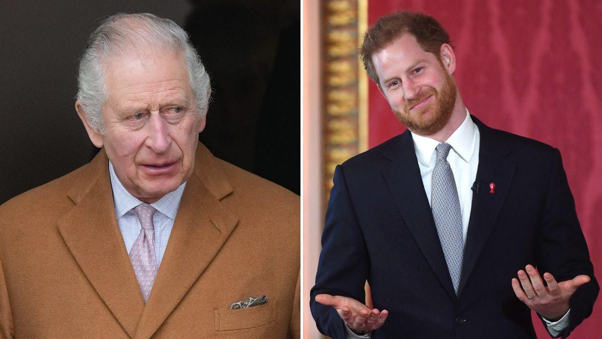 Split photo of King Charles and Prince Harry