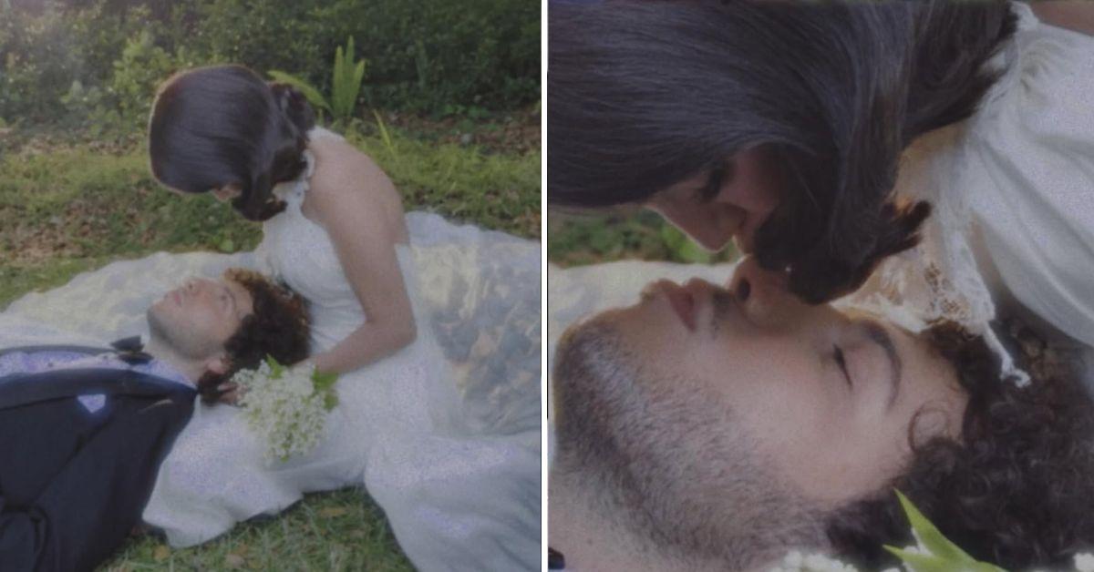 bride selena gomez wows fans floral neckline wedding dress