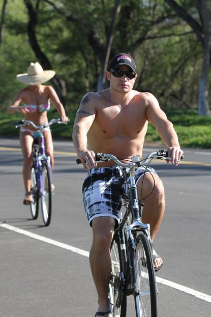 Nick Lachey And Vanessa Minnillo Go For A Bike Ride In Their Bathing 