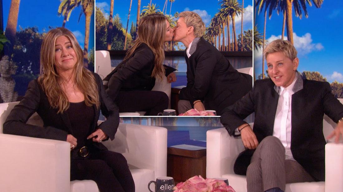 Jennifer Aniston & Ellen DeGeneres Kiss On The Lips During Show(01)