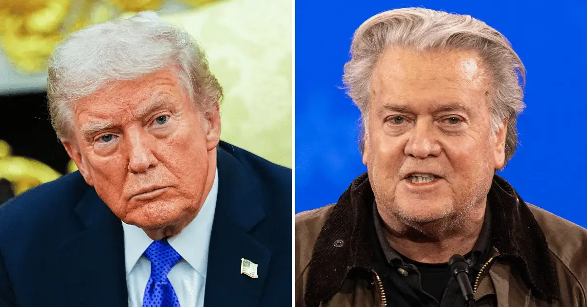 Split photo of Donald Trump, Steve Bannon