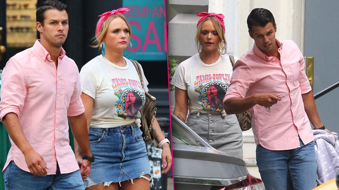 Miranda Lambert and Husband Brendan McLoughlin Seen Walking Holding Hands Outside In Matching Pink and Denim Outfits