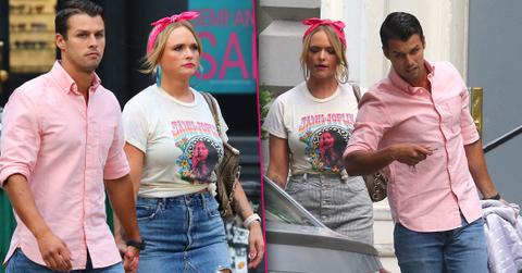 Miranda Lambert and Husband Brendan McLoughlin Seen Walking Holding Hands Outside In Matching Pink and Denim Outfits