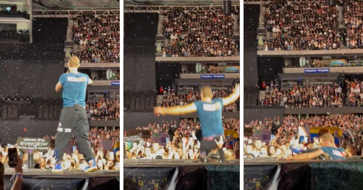 coldplay watch frontman chris martin plunge through stage trapdoor