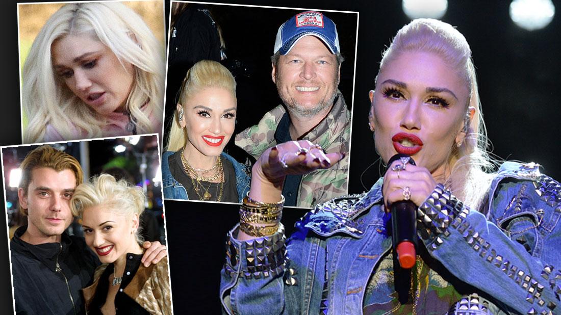 Gwen Stefani Performing Wearing Studded Jean Jacket Inset Of Gwen And Blake Shelton, Inset Of Gwen And Gavin Rossdale, Inset Sad Gwen