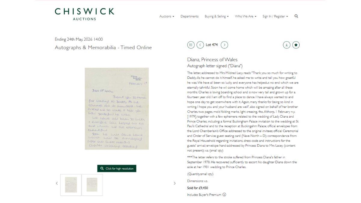 Photo of Princess Diana's lettere to Mildred Lacy