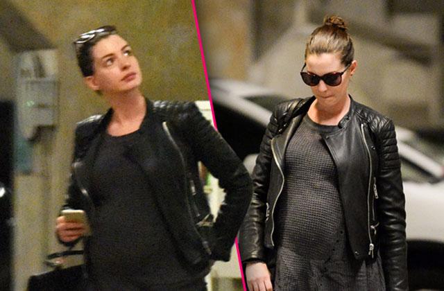 //anne hathaway pregnant baby bump leather jacket pp