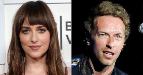 Split photo of Dakota Johnson, Chris Martin.