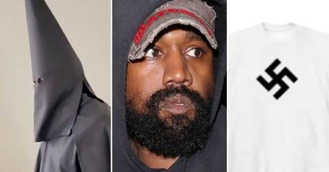 Split photos of Kanye West and his Swastika shirt.