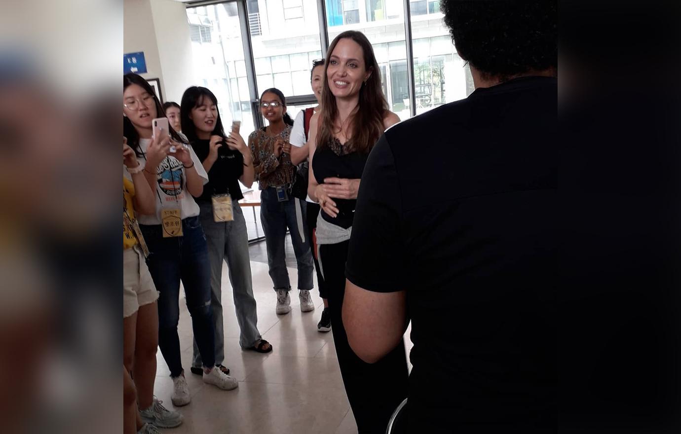 Angelina Jolie Inside School in South Korea Speaking Surrounded by Fans