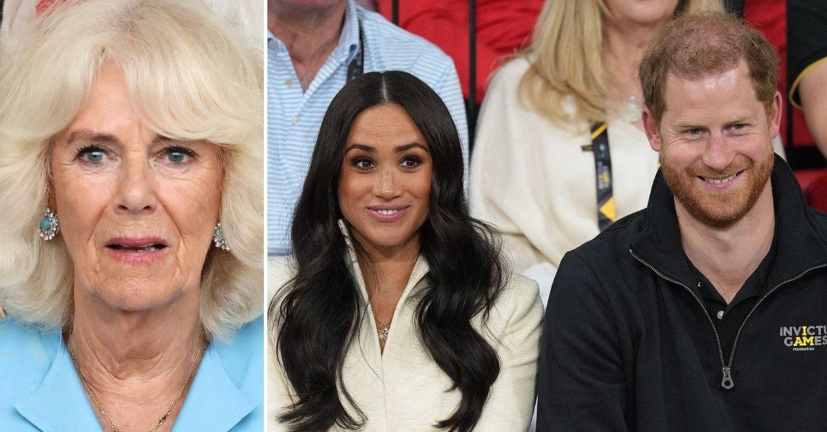 Split photo of Queen Camilla and Prince Harry with Meghan Markle.