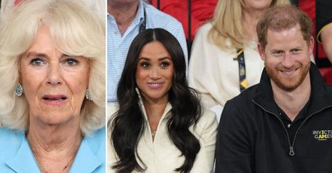 Split photo of Queen Camilla and Prince Harry with Meghan Markle.