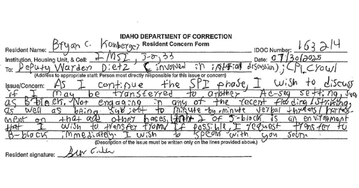 Photo of note Bryan Kohberger sent