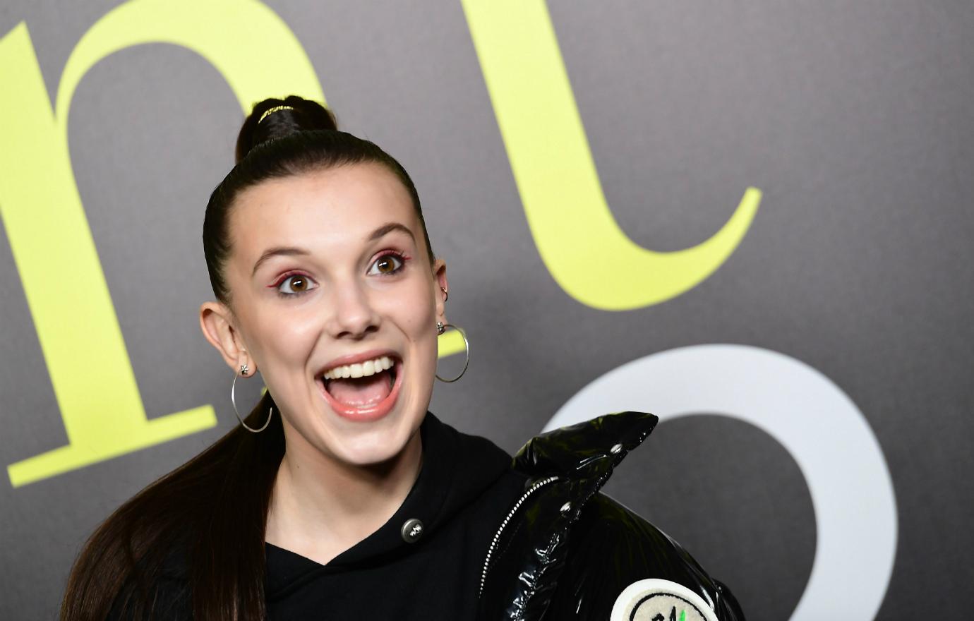 British actress Millie Bobby Brown posed during a photo call as she arrives to attend the Moncler women's Fall/Winter 2019/2020 collection fashion show, on February 20, 2019 in Milan.