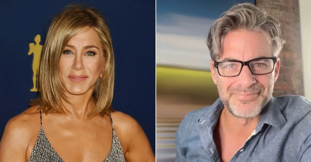 Split photo of Jennifer Aniston and Jim Curtis