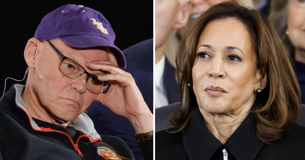 Split photo of James Carville, Kamala Harris