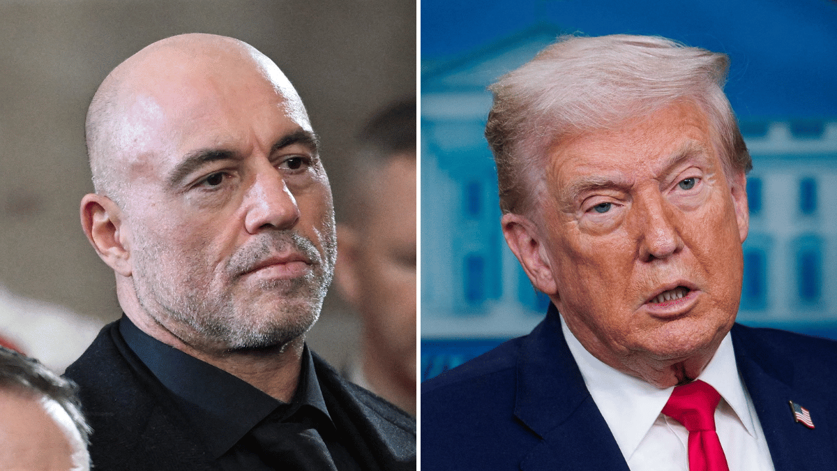 Split photo of Joe Rogan, Donald Trump